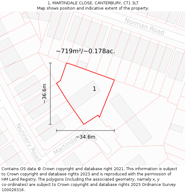 1, MARTINDALE CLOSE, CANTERBURY, CT1 3LT: Plot and title map