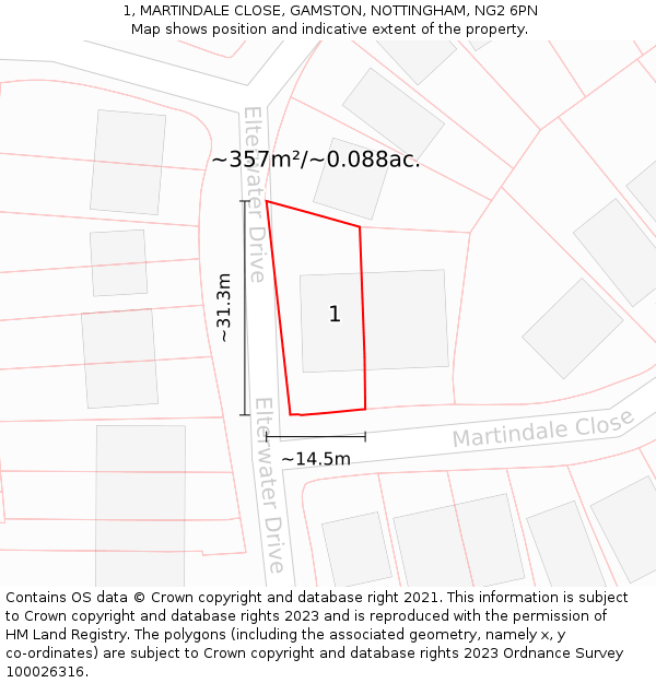 1, MARTINDALE CLOSE, GAMSTON, NOTTINGHAM, NG2 6PN: Plot and title map