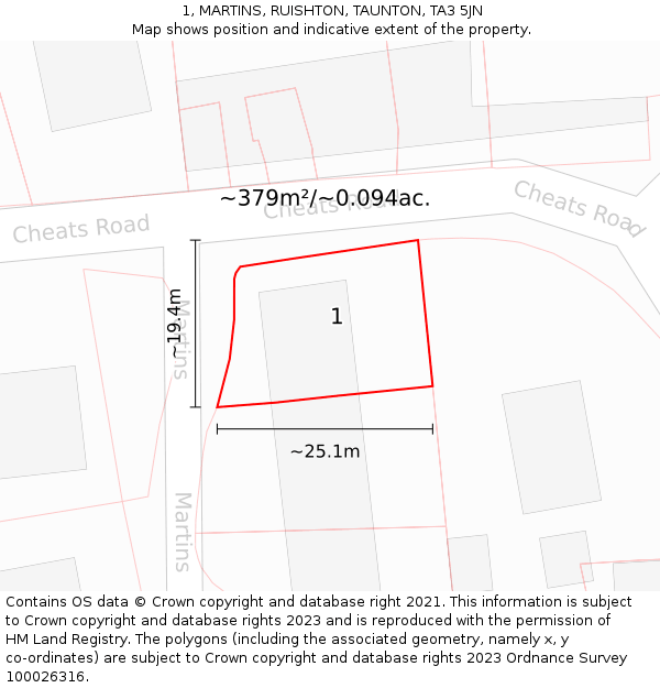 1, MARTINS, RUISHTON, TAUNTON, TA3 5JN: Plot and title map