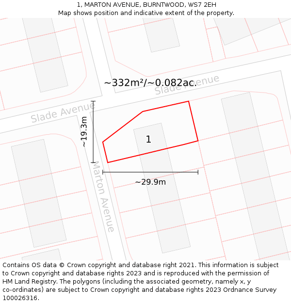 1, MARTON AVENUE, BURNTWOOD, WS7 2EH: Plot and title map