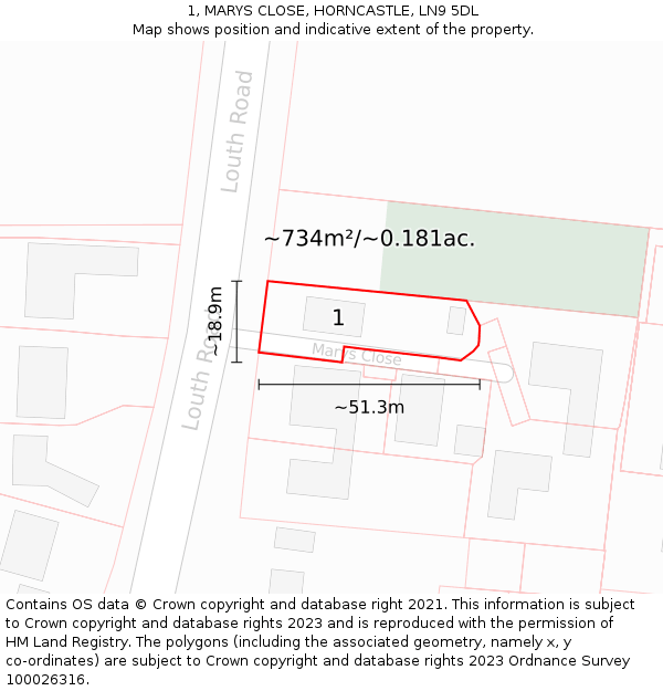 1, MARYS CLOSE, HORNCASTLE, LN9 5DL: Plot and title map