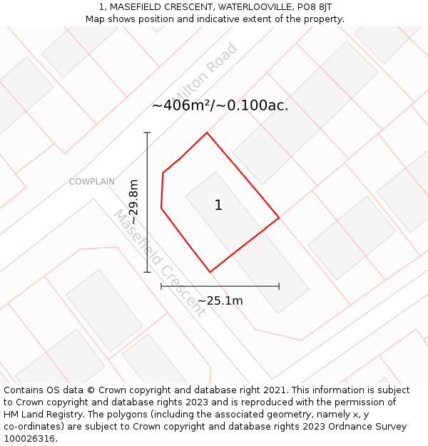 1, MASEFIELD CRESCENT, WATERLOOVILLE, PO8 8JT: Plot and title map