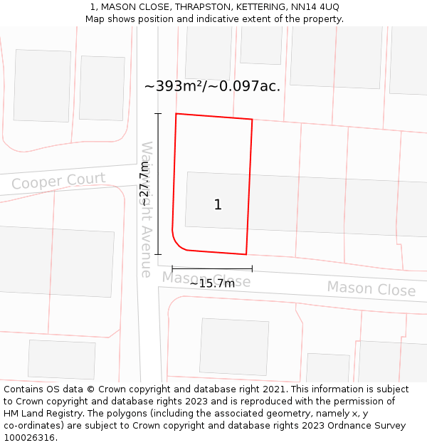 1, MASON CLOSE, THRAPSTON, KETTERING, NN14 4UQ: Plot and title map