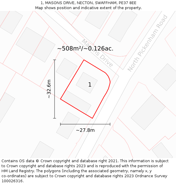 1, MASONS DRIVE, NECTON, SWAFFHAM, PE37 8EE: Plot and title map