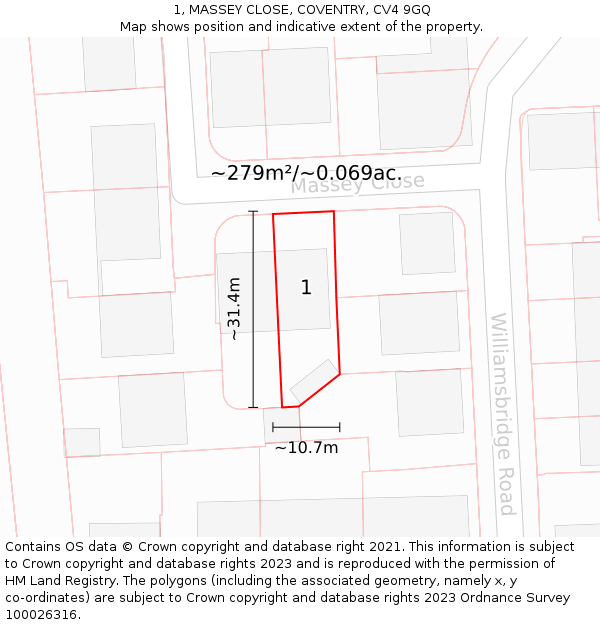 1, MASSEY CLOSE, COVENTRY, CV4 9GQ: Plot and title map