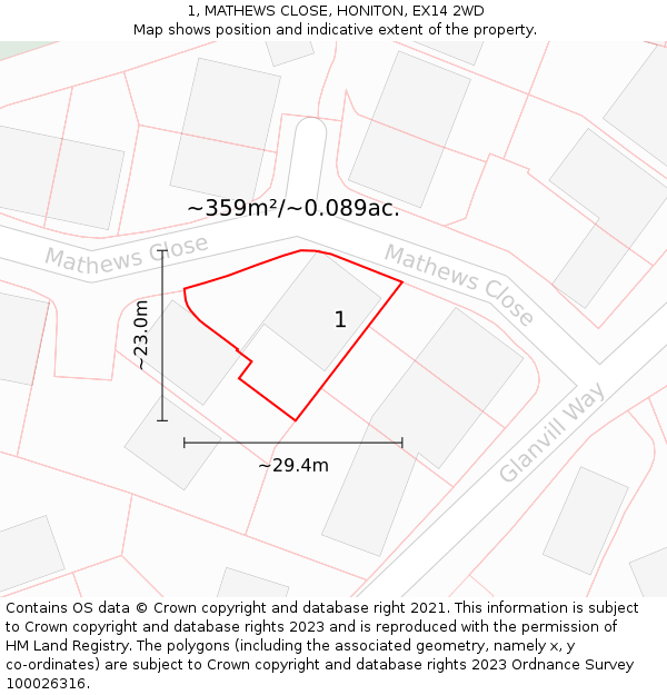 1, MATHEWS CLOSE, HONITON, EX14 2WD: Plot and title map