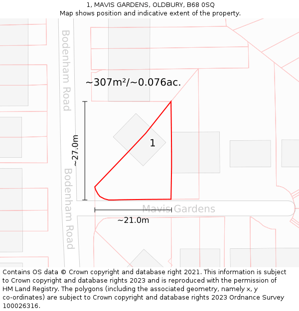 1, MAVIS GARDENS, OLDBURY, B68 0SQ: Plot and title map