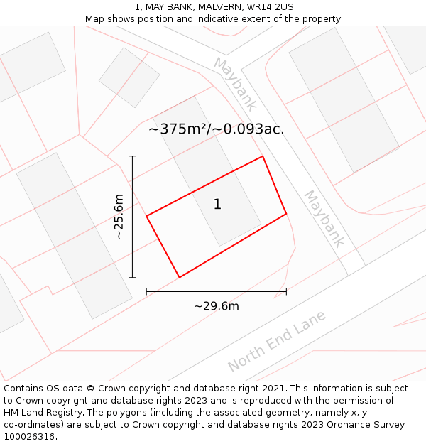 1, MAY BANK, MALVERN, WR14 2US: Plot and title map