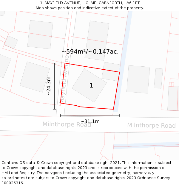 1, MAYFIELD AVENUE, HOLME, CARNFORTH, LA6 1PT: Plot and title map