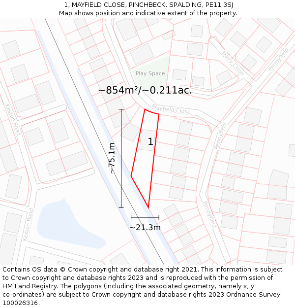 1, MAYFIELD CLOSE, PINCHBECK, SPALDING, PE11 3SJ: Plot and title map