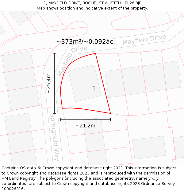 1, MAYFIELD DRIVE, ROCHE, ST AUSTELL, PL26 8JP: Plot and title map