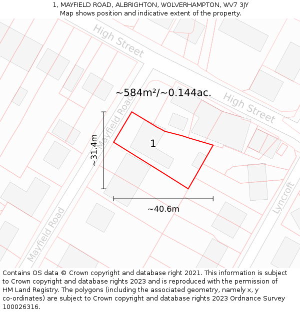 1, MAYFIELD ROAD, ALBRIGHTON, WOLVERHAMPTON, WV7 3JY: Plot and title map