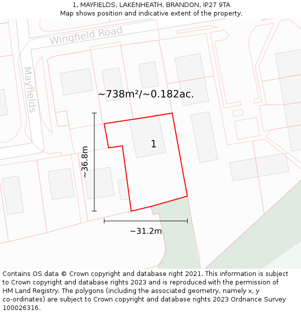 1, MAYFIELDS, LAKENHEATH, BRANDON, IP27 9TA: Plot and title map