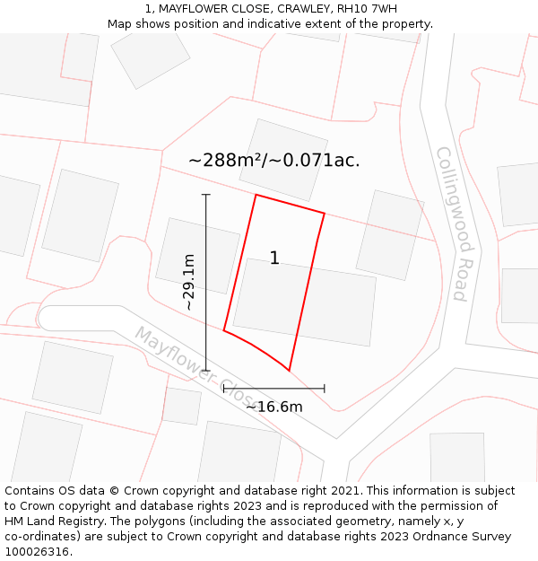 1, MAYFLOWER CLOSE, CRAWLEY, RH10 7WH: Plot and title map