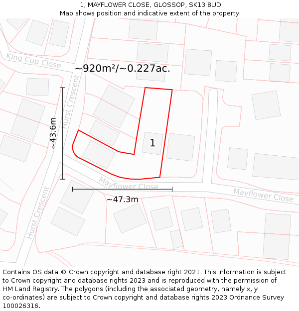 1, MAYFLOWER CLOSE, GLOSSOP, SK13 8UD: Plot and title map