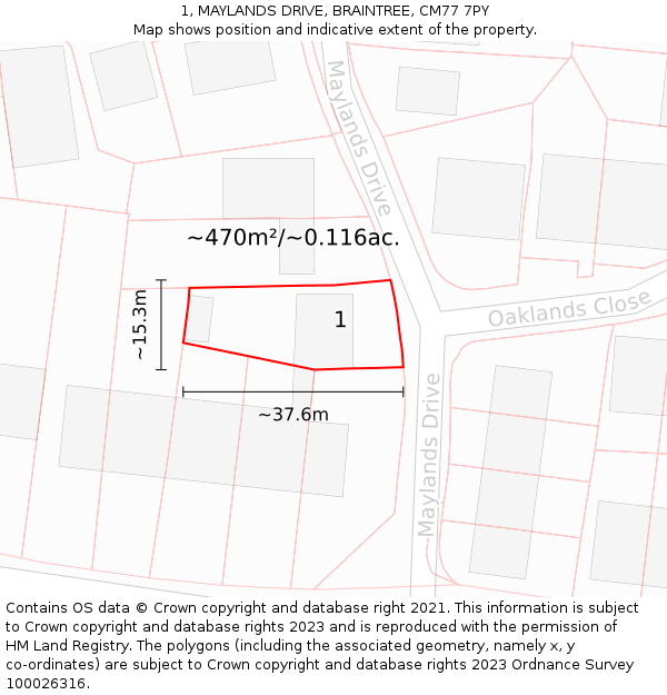 1, MAYLANDS DRIVE, BRAINTREE, CM77 7PY: Plot and title map