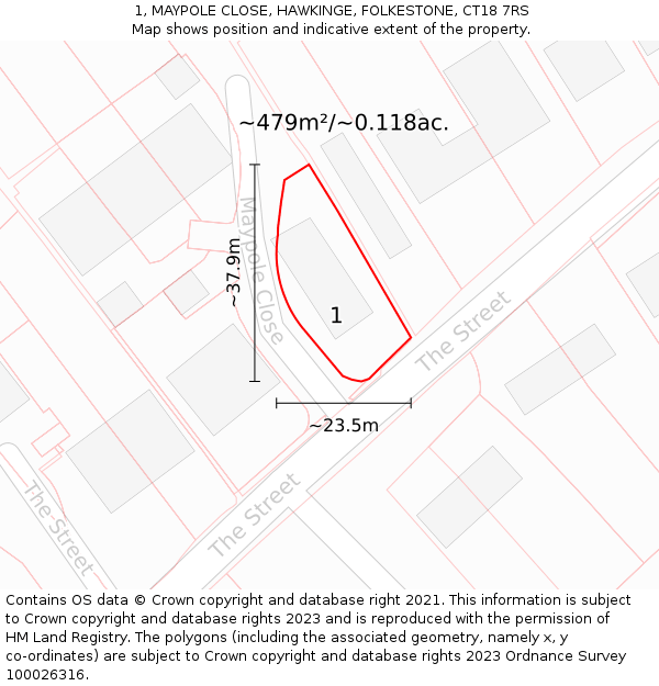 1, MAYPOLE CLOSE, HAWKINGE, FOLKESTONE, CT18 7RS: Plot and title map