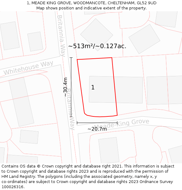 1, MEADE KING GROVE, WOODMANCOTE, CHELTENHAM, GL52 9UD: Plot and title map