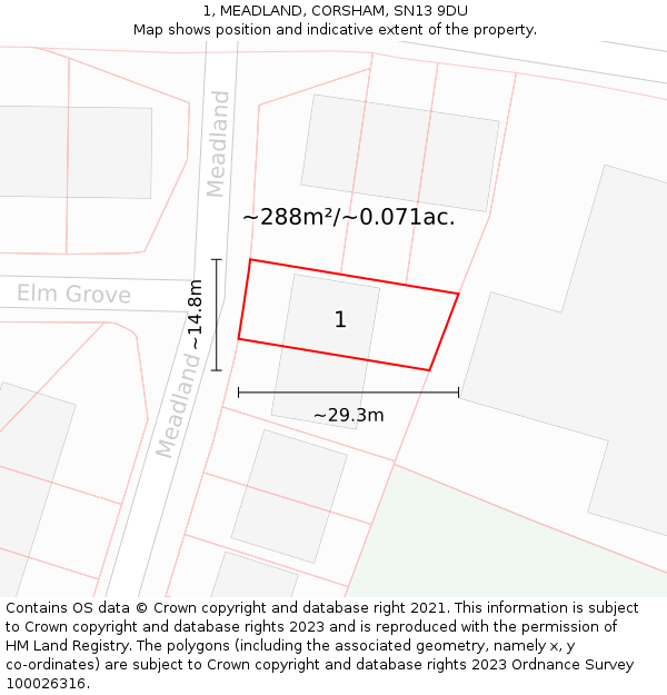 1, MEADLAND, CORSHAM, SN13 9DU: Plot and title map