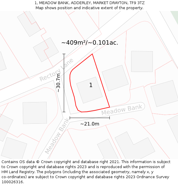 1, MEADOW BANK, ADDERLEY, MARKET DRAYTON, TF9 3TZ: Plot and title map