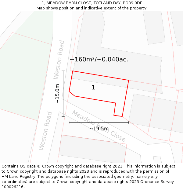 1, MEADOW BARN CLOSE, TOTLAND BAY, PO39 0DF: Plot and title map