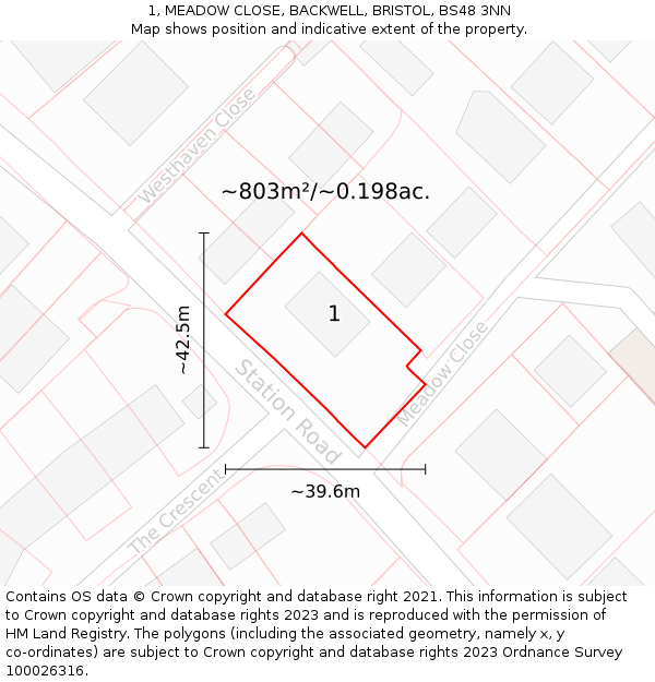1, MEADOW CLOSE, BACKWELL, BRISTOL, BS48 3NN: Plot and title map