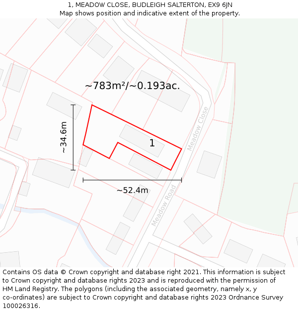 1, MEADOW CLOSE, BUDLEIGH SALTERTON, EX9 6JN: Plot and title map