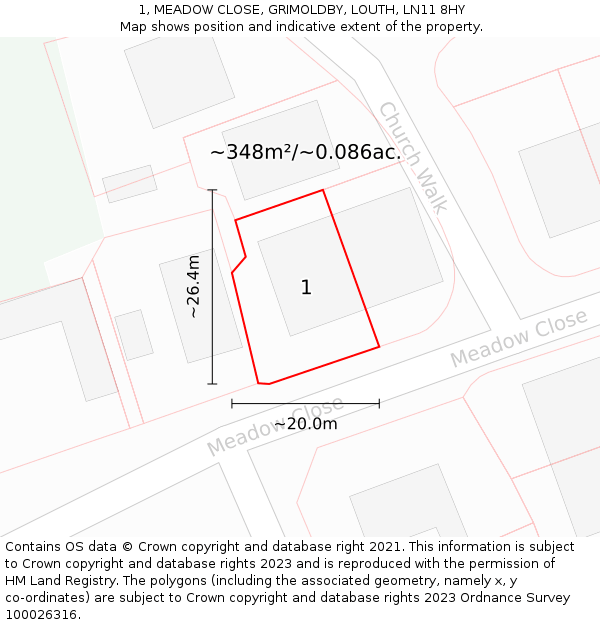 1, MEADOW CLOSE, GRIMOLDBY, LOUTH, LN11 8HY: Plot and title map