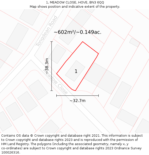 1, MEADOW CLOSE, HOVE, BN3 6QQ: Plot and title map