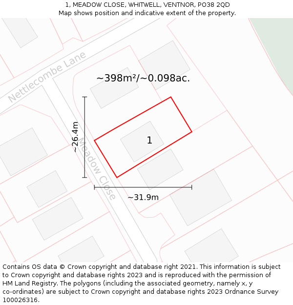 1, MEADOW CLOSE, WHITWELL, VENTNOR, PO38 2QD: Plot and title map