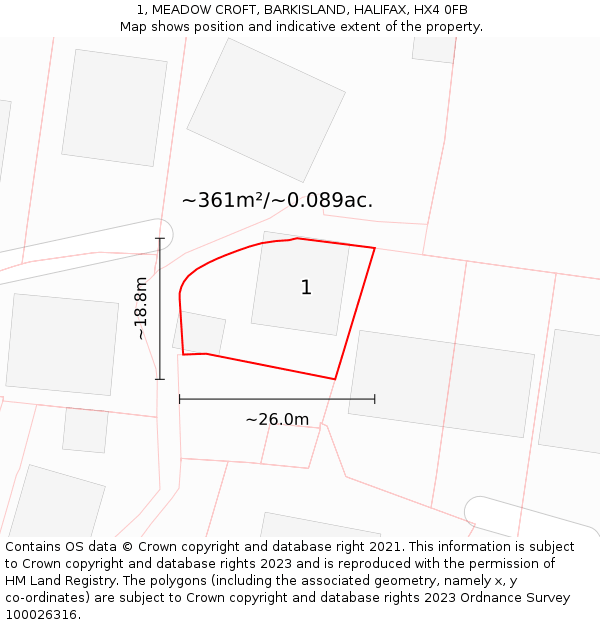 1, MEADOW CROFT, BARKISLAND, HALIFAX, HX4 0FB: Plot and title map