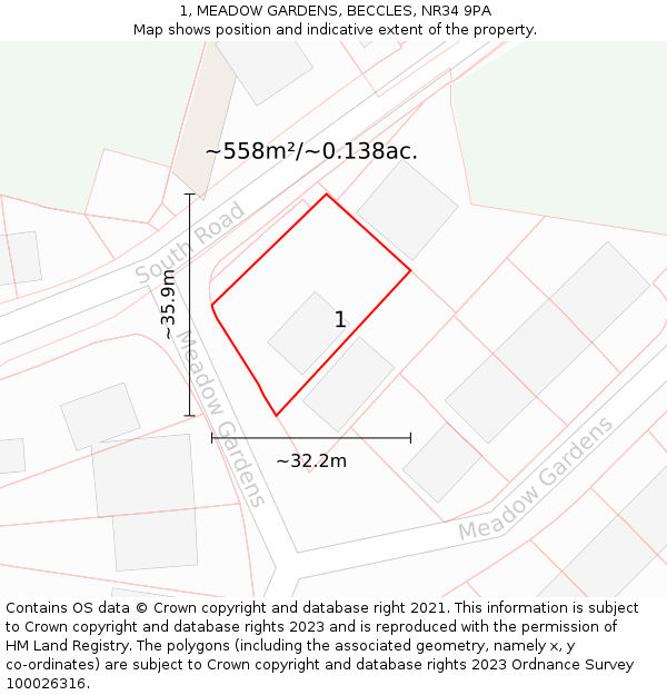 1, MEADOW GARDENS, BECCLES, NR34 9PA: Plot and title map