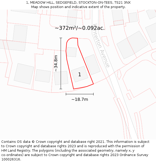 1, MEADOW HILL, SEDGEFIELD, STOCKTON-ON-TEES, TS21 3NX: Plot and title map