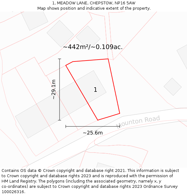 1, MEADOW LANE, CHEPSTOW, NP16 5AW: Plot and title map