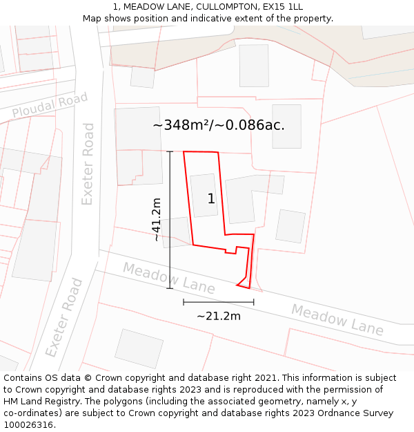 1, MEADOW LANE, CULLOMPTON, EX15 1LL: Plot and title map