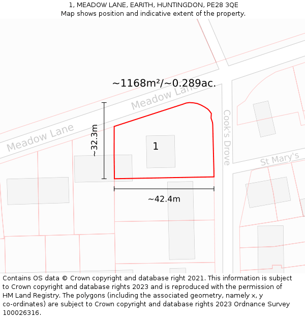 1, MEADOW LANE, EARITH, HUNTINGDON, PE28 3QE: Plot and title map