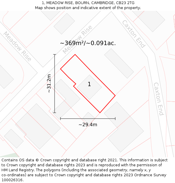 1, MEADOW RISE, BOURN, CAMBRIDGE, CB23 2TG: Plot and title map