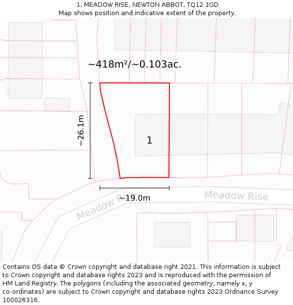 1, MEADOW RISE, NEWTON ABBOT, TQ12 1GD: Plot and title map