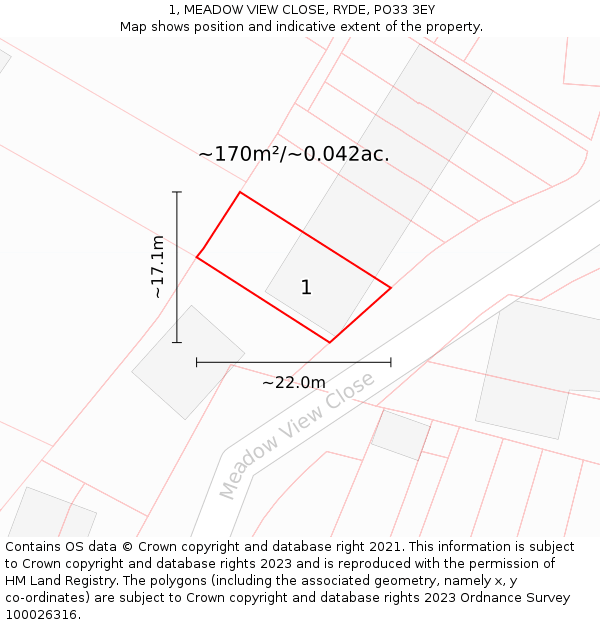 1, MEADOW VIEW CLOSE, RYDE, PO33 3EY: Plot and title map