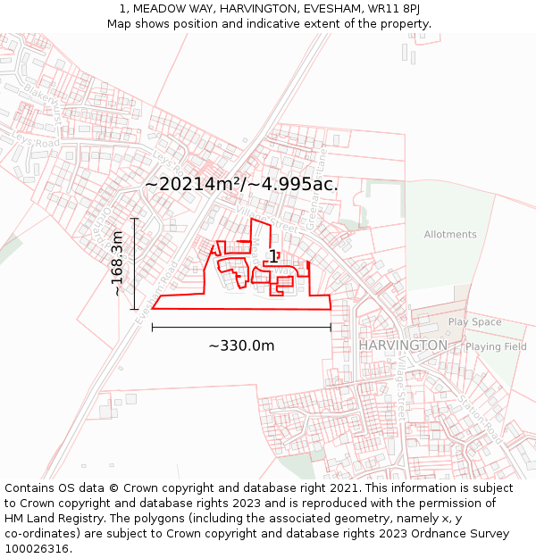 1, MEADOW WAY, HARVINGTON, EVESHAM, WR11 8PJ: Plot and title map