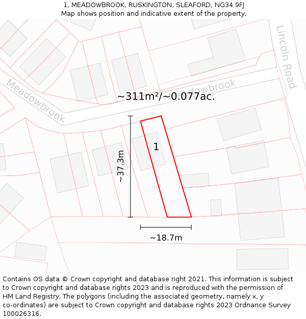 1, MEADOWBROOK, RUSKINGTON, SLEAFORD, NG34 9FJ: Plot and title map