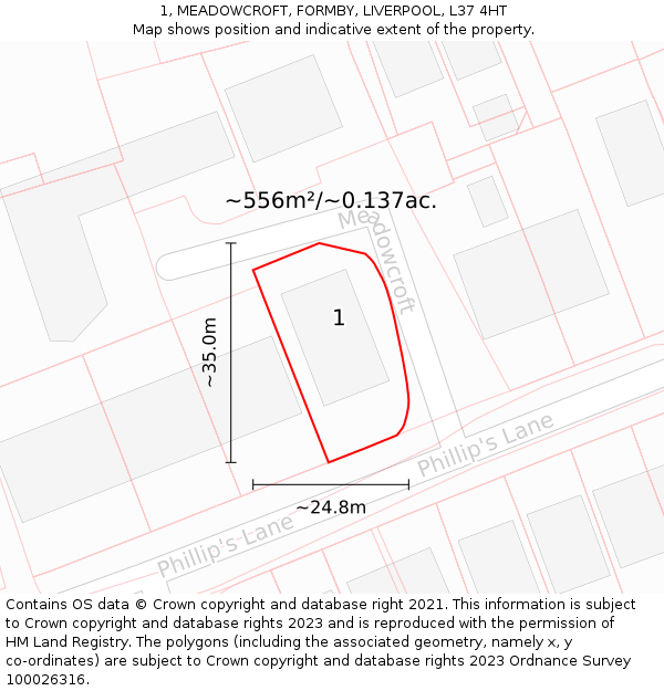 1, MEADOWCROFT, FORMBY, LIVERPOOL, L37 4HT: Plot and title map