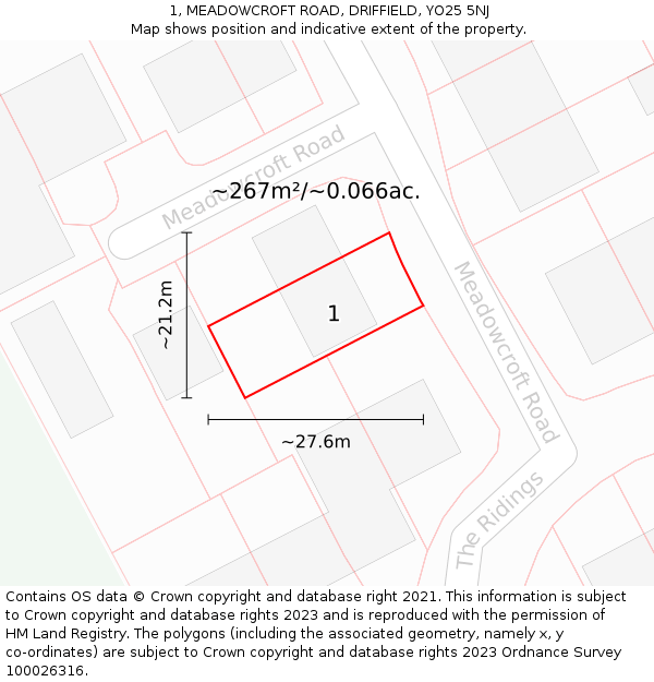 1, MEADOWCROFT ROAD, DRIFFIELD, YO25 5NJ: Plot and title map