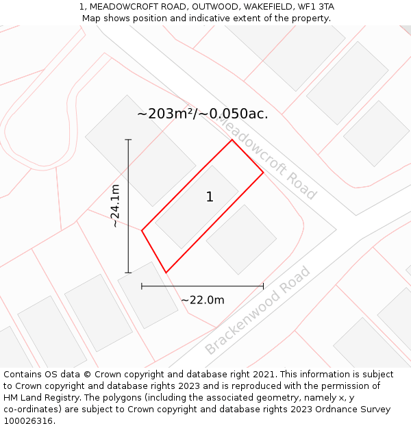 1, MEADOWCROFT ROAD, OUTWOOD, WAKEFIELD, WF1 3TA: Plot and title map