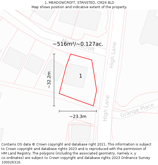 1, MEADOWCROFT, STANSTED, CM24 8LD: Plot and title map