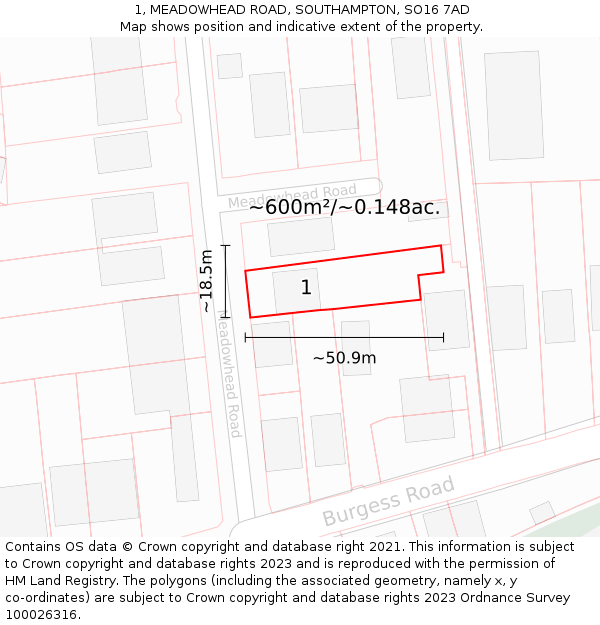 1, MEADOWHEAD ROAD, SOUTHAMPTON, SO16 7AD: Plot and title map