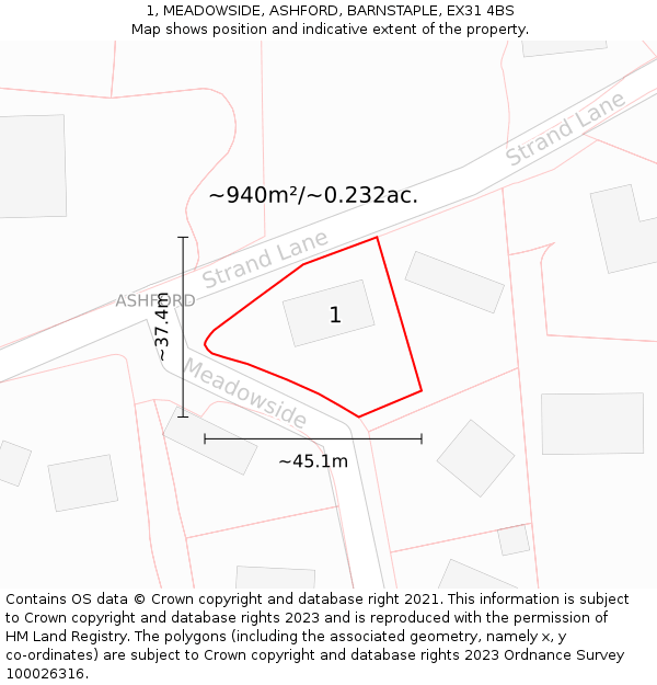 1, MEADOWSIDE, ASHFORD, BARNSTAPLE, EX31 4BS: Plot and title map