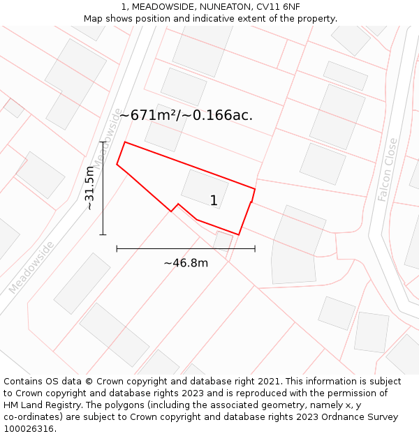 1, MEADOWSIDE, NUNEATON, CV11 6NF: Plot and title map