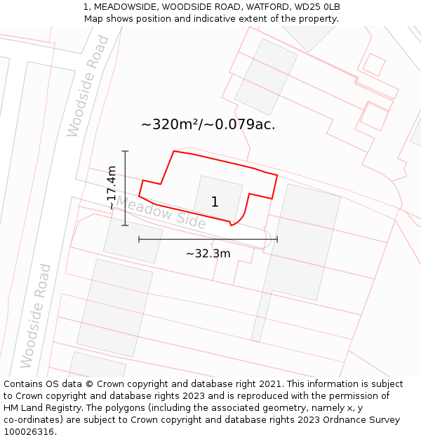 1, MEADOWSIDE, WOODSIDE ROAD, WATFORD, WD25 0LB: Plot and title map