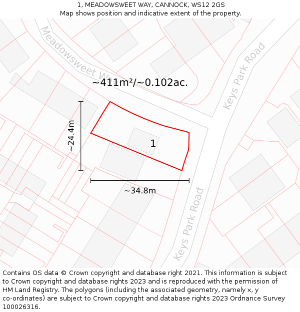 1, MEADOWSWEET WAY, CANNOCK, WS12 2GS: Plot and title map